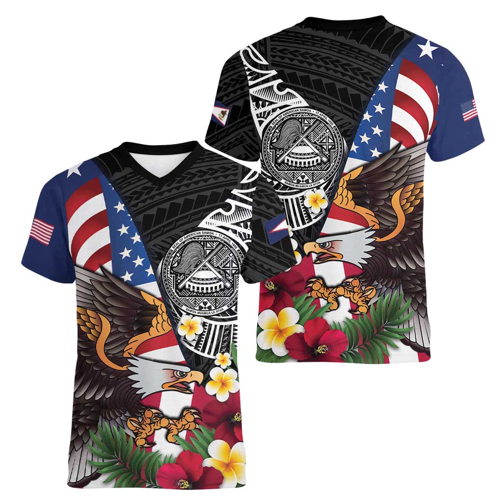 United States and American Samoa Women V-Neck T-Shirt USA Flag Eagle With Seal Tropical Flowers