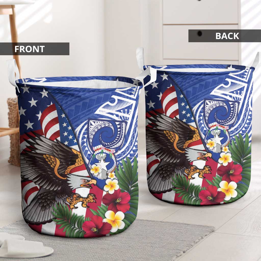 United States and Northern Mariana Islands Laundry Basket USA Flag Eagle CNMI Latte Stone Tropical Flowers LT14 - Polynesian Pride