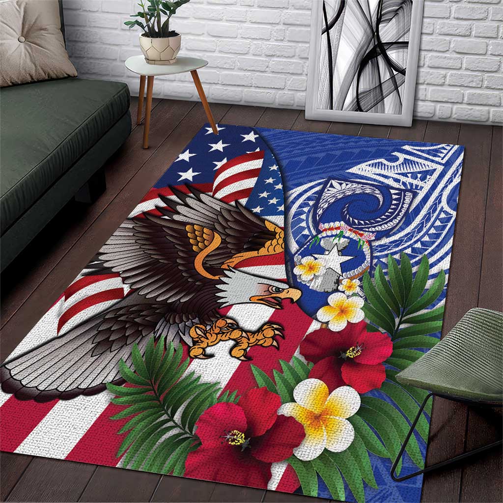 United States and Northern Mariana Islands Area Rug USA Flag Eagle CNMI Latte Stone Tropical Flowers