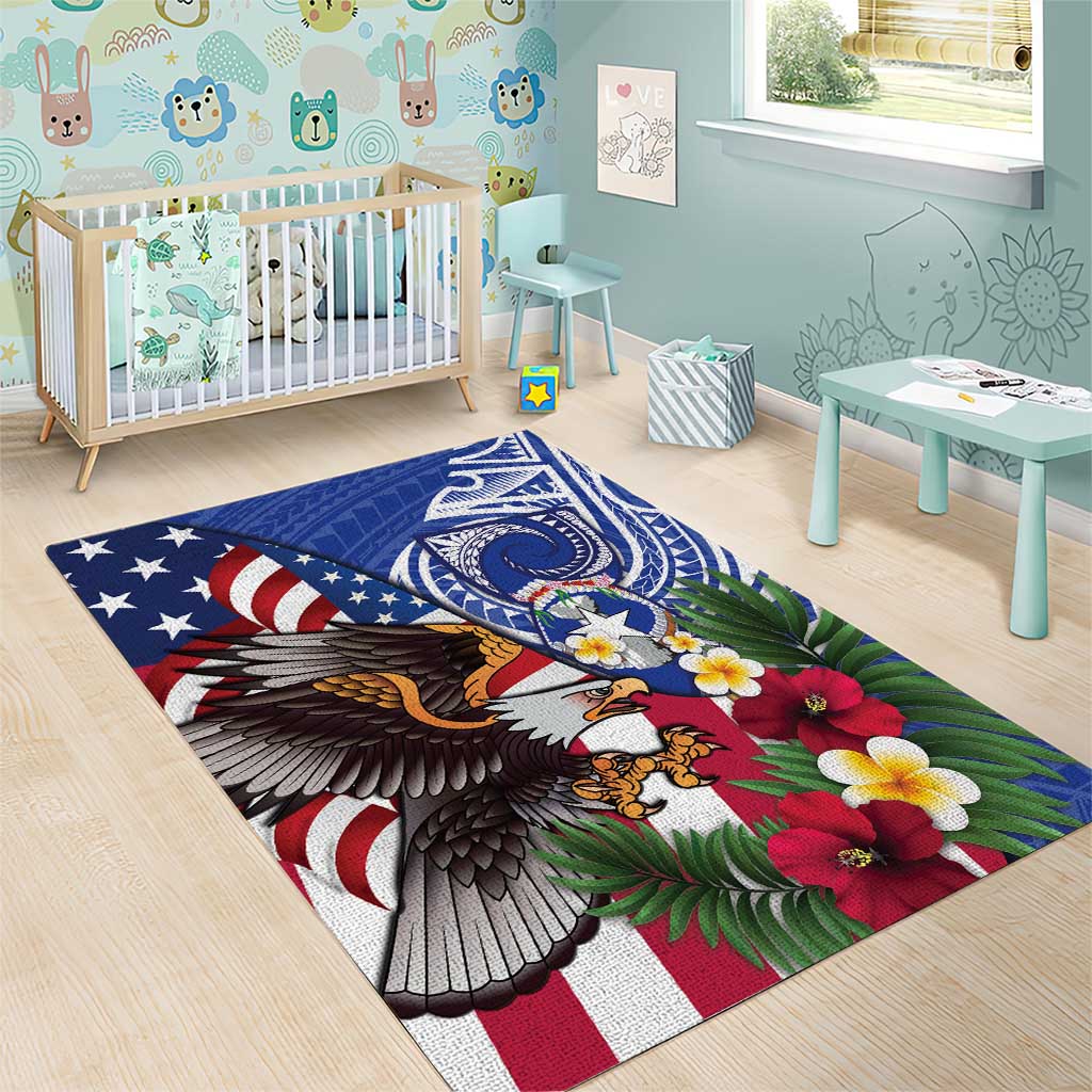 United States and Northern Mariana Islands Area Rug USA Flag Eagle CNMI Latte Stone Tropical Flowers