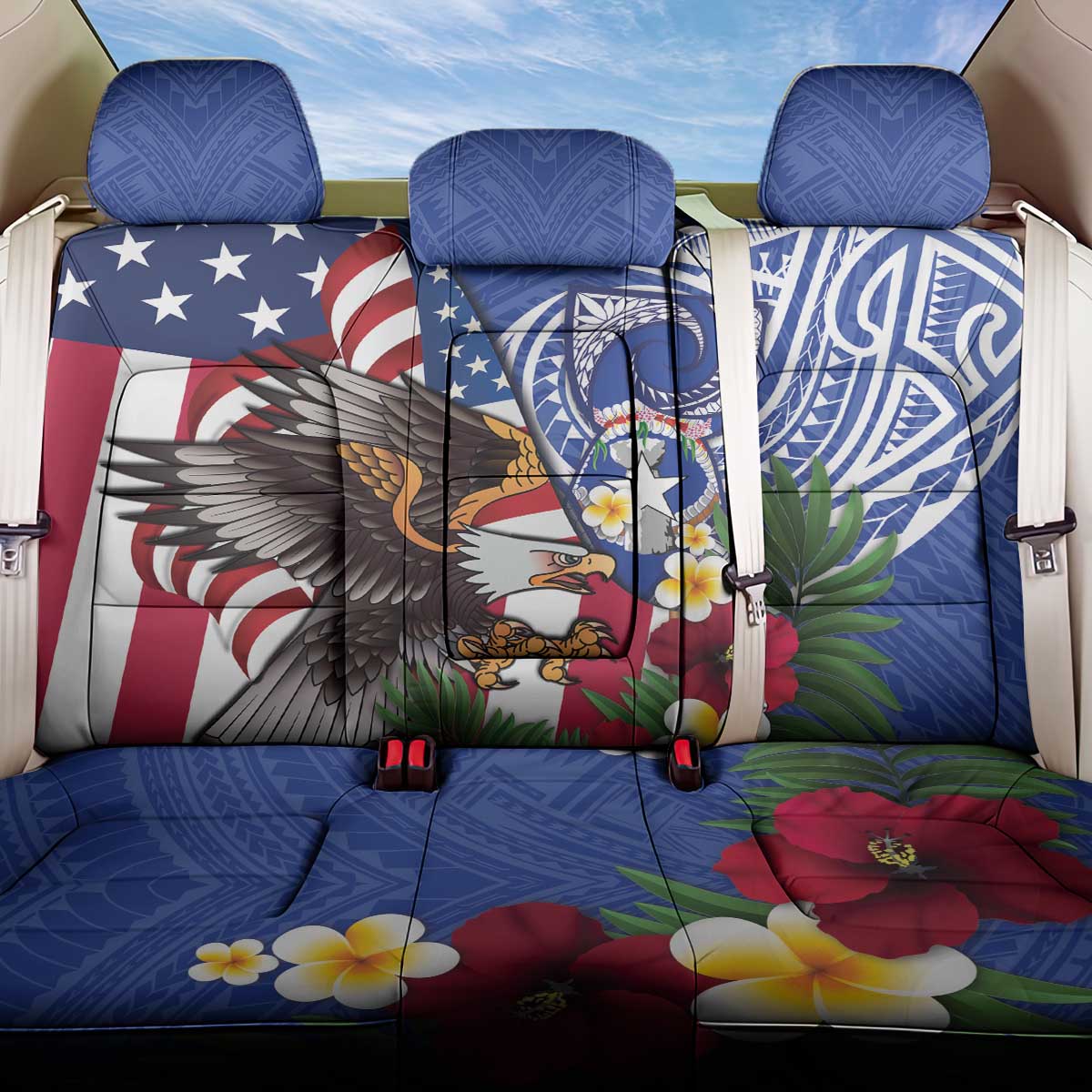 United States and Northern Mariana Islands Back Car Seat Cover USA Flag Eagle CNMI Latte Stone Tropical Flowers LT14 One Size Blue - Polynesian Pride