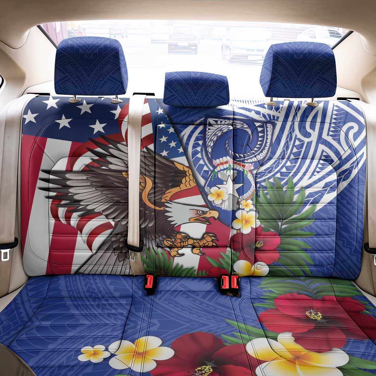 United States and Northern Mariana Islands Back Car Seat Cover USA Flag Eagle CNMI Latte Stone Tropical Flowers LT14 - Polynesian Pride