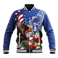 United States and Northern Mariana Islands Baseball Jacket USA Flag Eagle CNMI Latte Stone Tropical Flowers LT14 Unisex Blue - Polynesian Pride