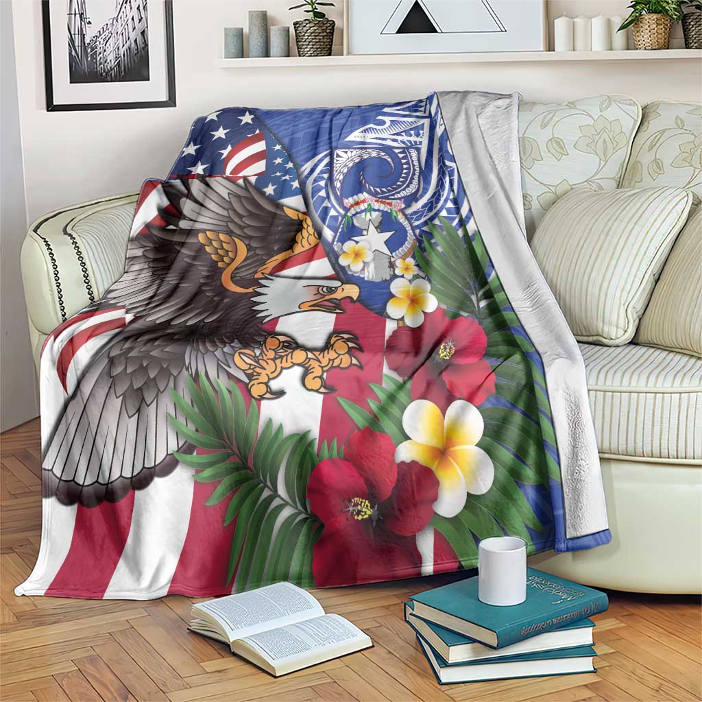 United States and Northern Mariana Islands Blanket USA Flag Eagle CNMI Latte Stone Tropical Flowers