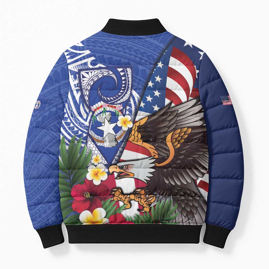 United States and Northern Mariana Islands Bomber Puffer Jacket USA Flag Eagle CNMI Latte Stone Tropical Flowers LT14 - Polynesian Pride