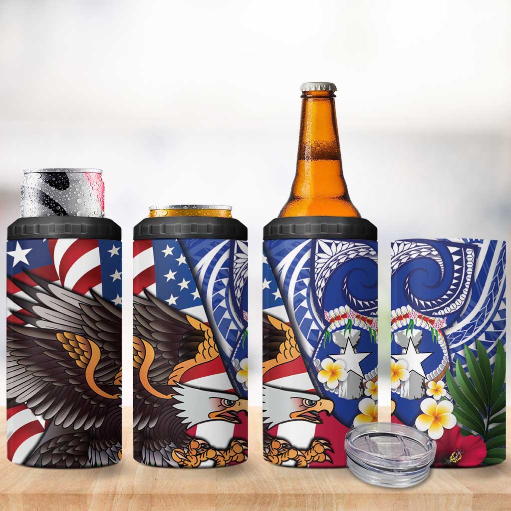 United States and Northern Mariana Islands 4 in 1 Can Cooler Tumbler USA Flag Eagle CNMI Latte Stone Tropical Flowers