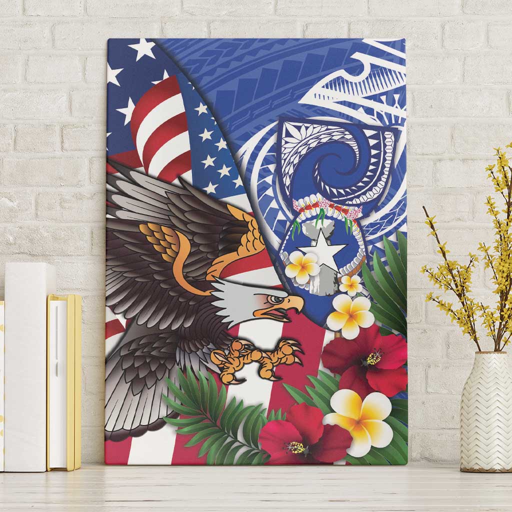 United States and Northern Mariana Islands Canvas Wall Art USA Flag Eagle CNMI Latte Stone Tropical Flowers