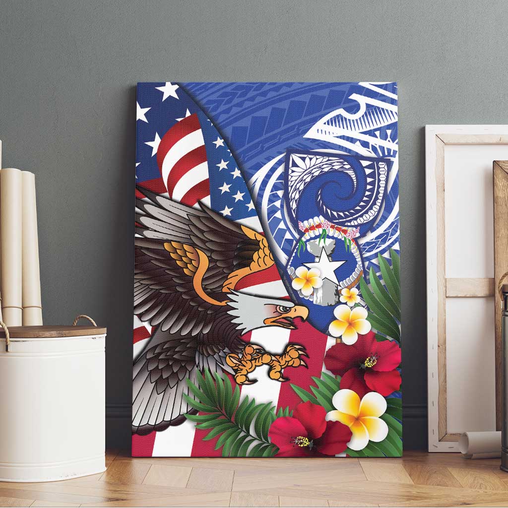 United States and Northern Mariana Islands Canvas Wall Art USA Flag Eagle CNMI Latte Stone Tropical Flowers