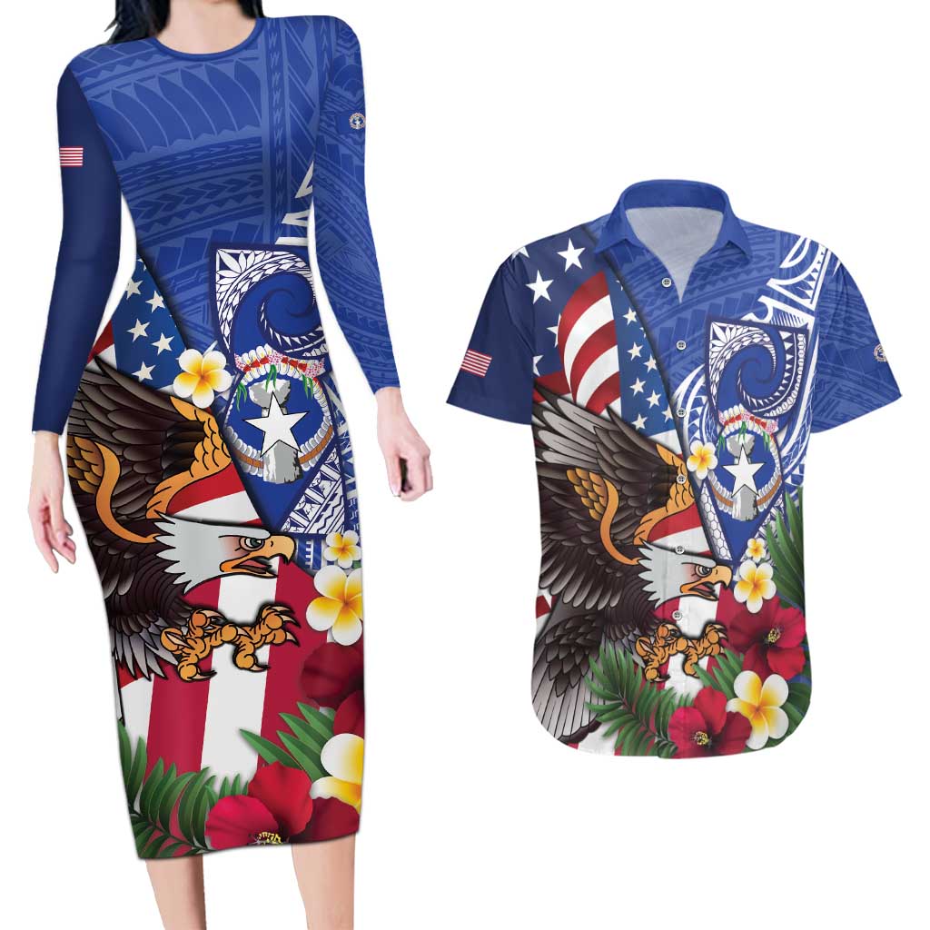 United States and Northern Mariana Islands Couples Matching Long Sleeve Bodycon Dress and Hawaiian Shirt USA Flag Eagle CNMI Latte Stone Tropical Flowers