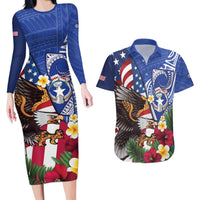 United States and Northern Mariana Islands Couples Matching Long Sleeve Bodycon Dress and Hawaiian Shirt USA Flag Eagle CNMI Latte Stone Tropical Flowers
