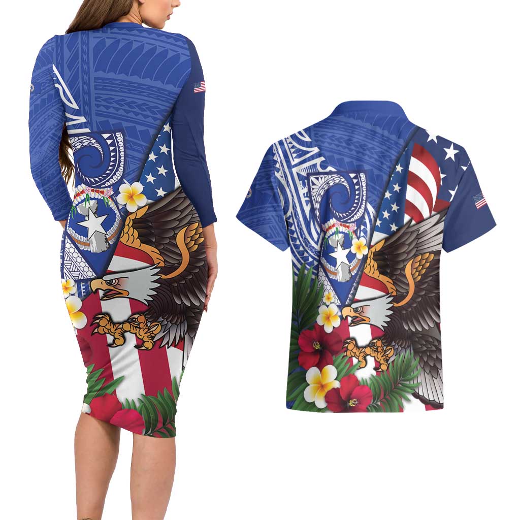 United States and Northern Mariana Islands Couples Matching Long Sleeve Bodycon Dress and Hawaiian Shirt USA Flag Eagle CNMI Latte Stone Tropical Flowers