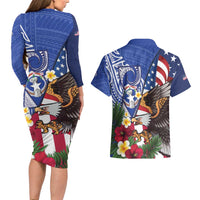 United States and Northern Mariana Islands Couples Matching Long Sleeve Bodycon Dress and Hawaiian Shirt USA Flag Eagle CNMI Latte Stone Tropical Flowers