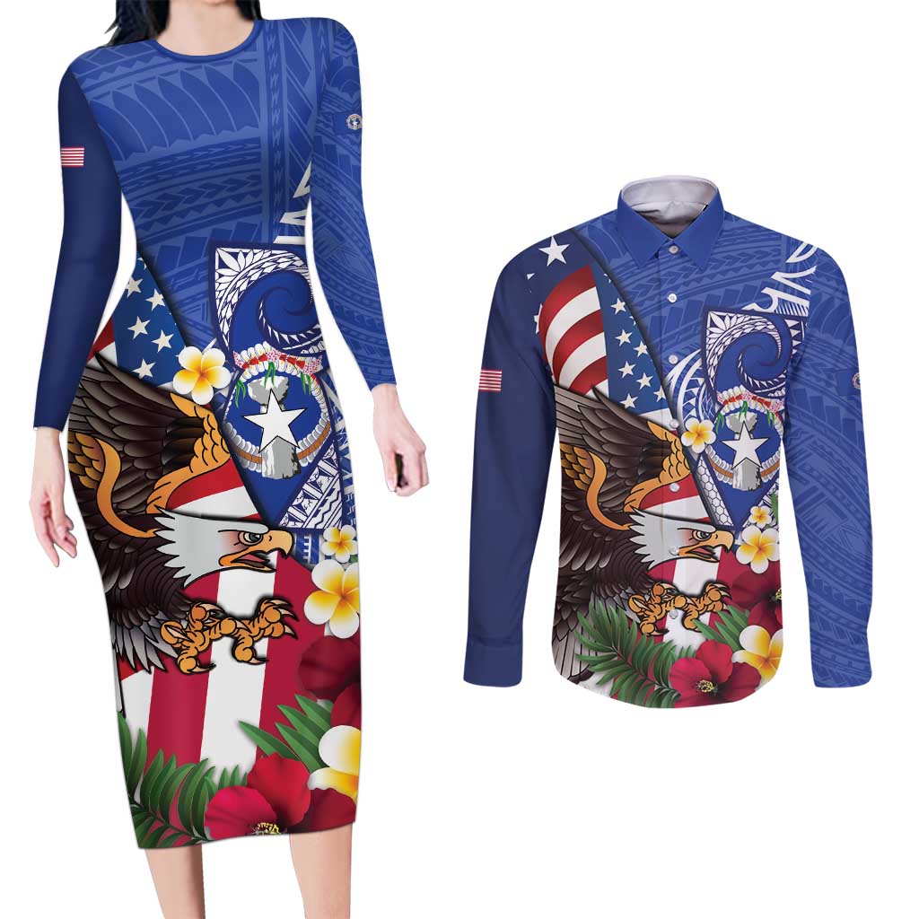 United States and Northern Mariana Islands Couples Matching Long Sleeve Bodycon Dress and Long Sleeve Button Shirt USA Flag Eagle CNMI Latte Stone Tropical Flowers