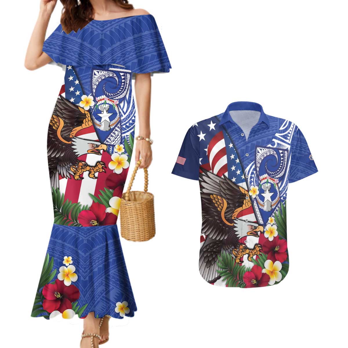 United States and Northern Mariana Islands Couples Matching Mermaid Dress and Hawaiian Shirt USA Flag Eagle CNMI Latte Stone Tropical Flowers