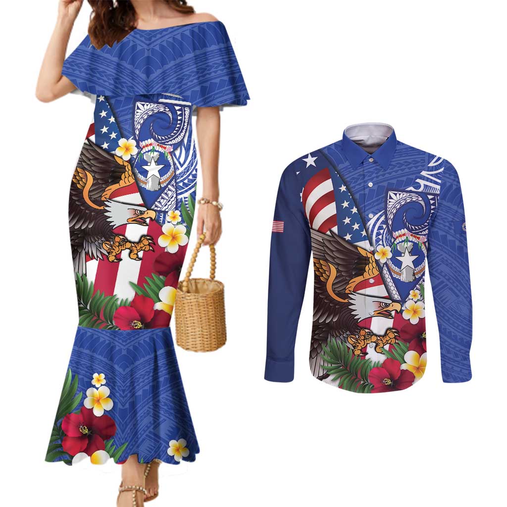 United States and Northern Mariana Islands Couples Matching Mermaid Dress and Long Sleeve Button Shirt USA Flag Eagle CNMI Latte Stone Tropical Flowers