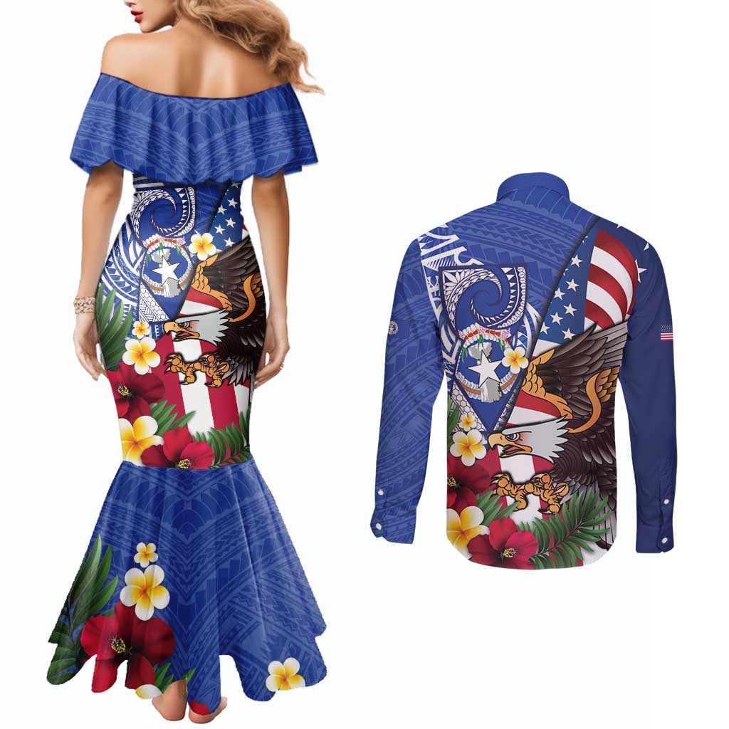 United States and Northern Mariana Islands Couples Matching Mermaid Dress and Long Sleeve Button Shirt USA Flag Eagle CNMI Latte Stone Tropical Flowers