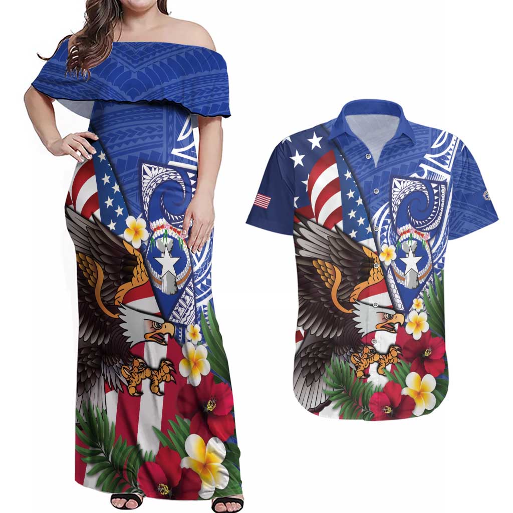 United States and Northern Mariana Islands Couples Matching Off Shoulder Maxi Dress and Hawaiian Shirt USA Flag Eagle CNMI Latte Stone Tropical Flowers