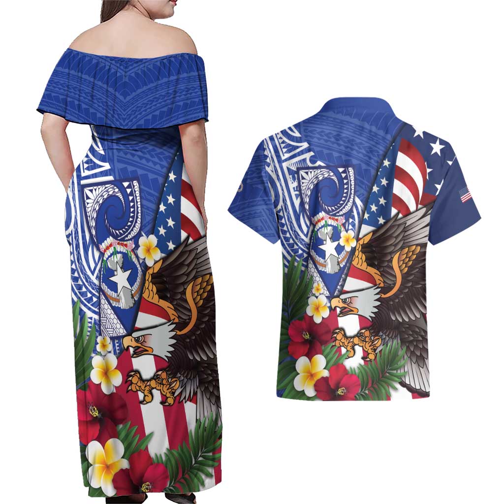 United States and Northern Mariana Islands Couples Matching Off Shoulder Maxi Dress and Hawaiian Shirt USA Flag Eagle CNMI Latte Stone Tropical Flowers LT14 - Polynesian Pride