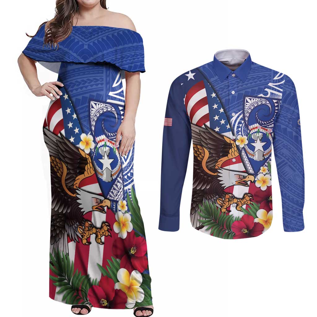 United States and Northern Mariana Islands Couples Matching Off Shoulder Maxi Dress and Long Sleeve Button Shirt USA Flag Eagle CNMI Latte Stone Tropical Flowers