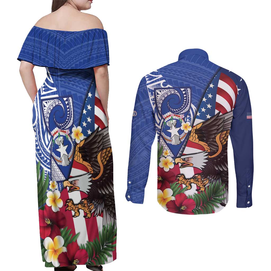 United States and Northern Mariana Islands Couples Matching Off Shoulder Maxi Dress and Long Sleeve Button Shirt USA Flag Eagle CNMI Latte Stone Tropical Flowers