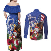 United States and Northern Mariana Islands Couples Matching Off Shoulder Maxi Dress and Long Sleeve Button Shirt USA Flag Eagle CNMI Latte Stone Tropical Flowers