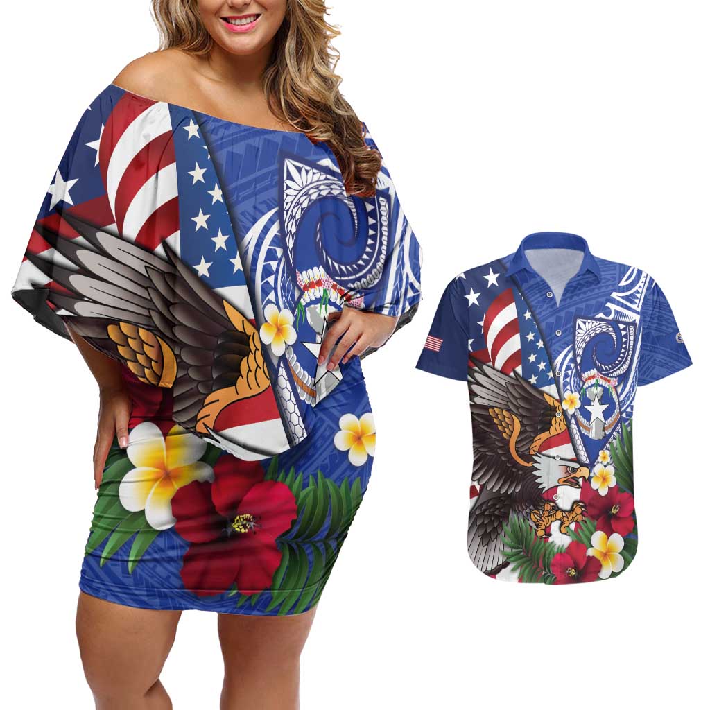 United States and Northern Mariana Islands Couples Matching Off Shoulder Short Dress and Hawaiian Shirt USA Flag Eagle CNMI Latte Stone Tropical Flowers