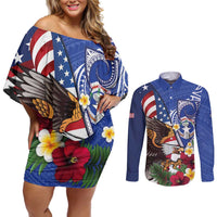 United States and Northern Mariana Islands Couples Matching Off Shoulder Short Dress and Long Sleeve Button Shirt USA Flag Eagle CNMI Latte Stone Tropical Flowers