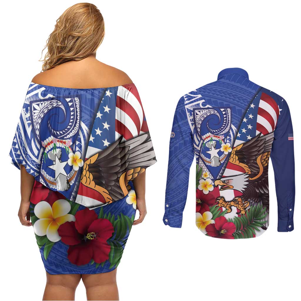 United States and Northern Mariana Islands Couples Matching Off Shoulder Short Dress and Long Sleeve Button Shirt USA Flag Eagle CNMI Latte Stone Tropical Flowers