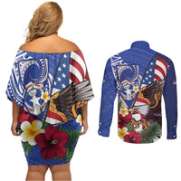 United States and Northern Mariana Islands Couples Matching Off Shoulder Short Dress and Long Sleeve Button Shirt USA Flag Eagle CNMI Latte Stone Tropical Flowers