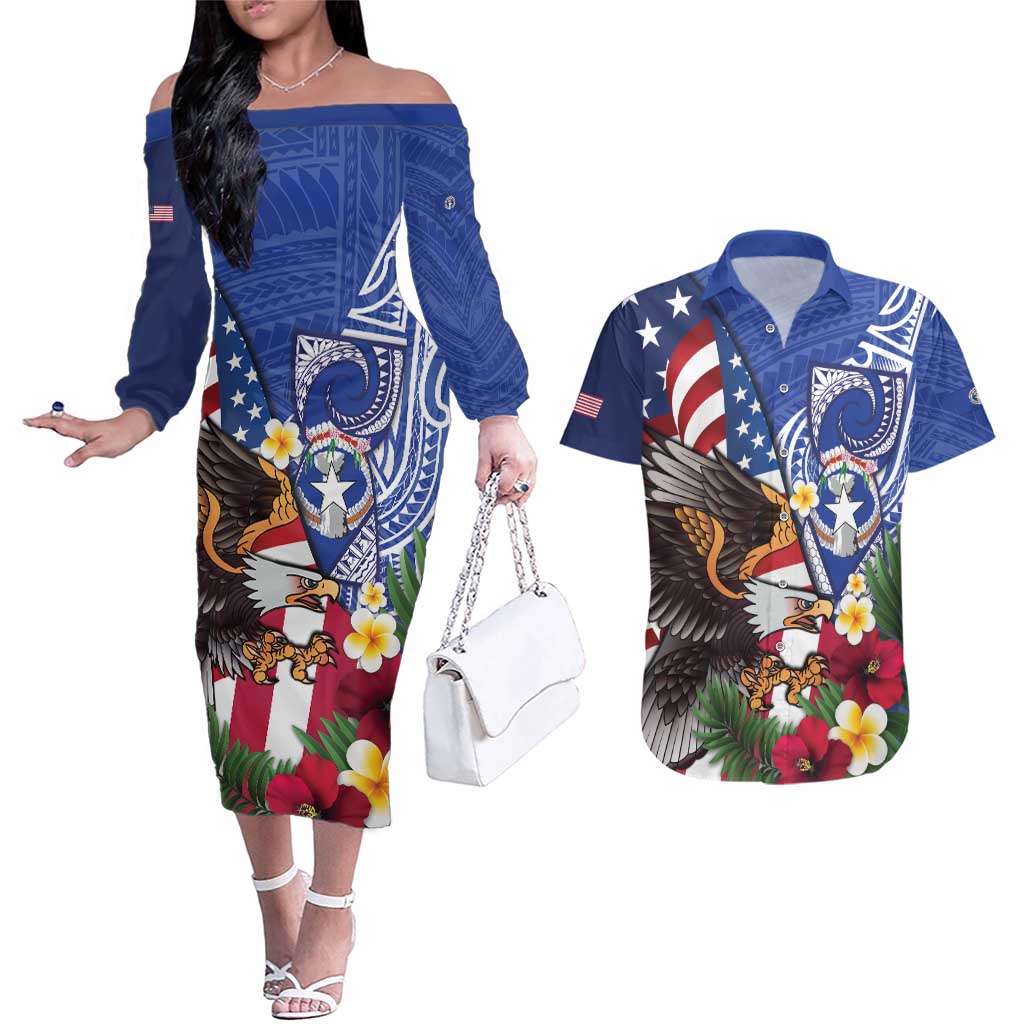 United States and Northern Mariana Islands Couples Matching Off The Shoulder Long Sleeve Dress and Hawaiian Shirt USA Flag Eagle CNMI Latte Stone Tropical Flowers