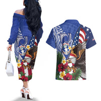 United States and Northern Mariana Islands Couples Matching Off The Shoulder Long Sleeve Dress and Hawaiian Shirt USA Flag Eagle CNMI Latte Stone Tropical Flowers