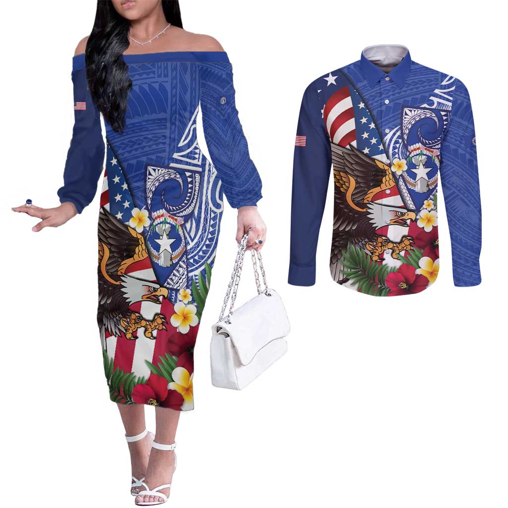 United States and Northern Mariana Islands Couples Matching Off The Shoulder Long Sleeve Dress and Long Sleeve Button Shirt USA Flag Eagle CNMI Latte Stone Tropical Flowers