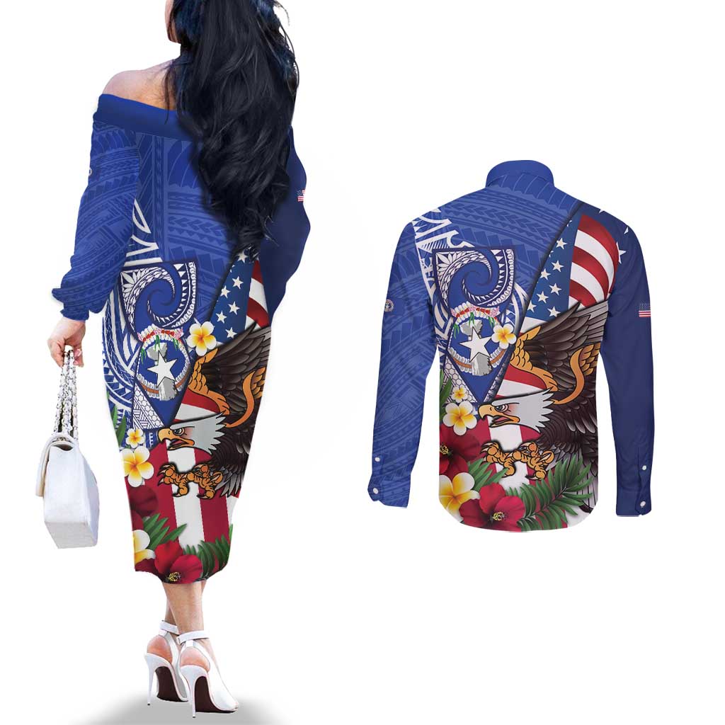 United States and Northern Mariana Islands Couples Matching Off The Shoulder Long Sleeve Dress and Long Sleeve Button Shirt USA Flag Eagle CNMI Latte Stone Tropical Flowers