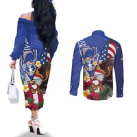 United States and Northern Mariana Islands Couples Matching Off The Shoulder Long Sleeve Dress and Long Sleeve Button Shirt USA Flag Eagle CNMI Latte Stone Tropical Flowers