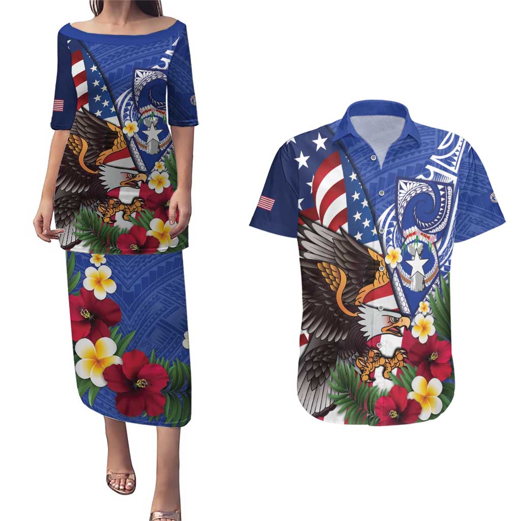 United States and Northern Mariana Islands Couples Matching Puletasi and Hawaiian Shirt USA Flag Eagle CNMI Latte Stone Tropical Flowers