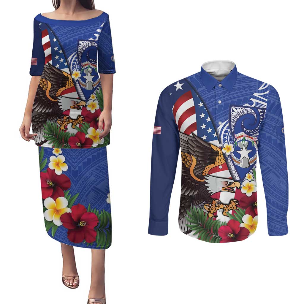 United States and Northern Mariana Islands Couples Matching Puletasi and Long Sleeve Button Shirt USA Flag Eagle CNMI Latte Stone Tropical Flowers