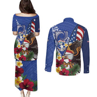 United States and Northern Mariana Islands Couples Matching Puletasi and Long Sleeve Button Shirt USA Flag Eagle CNMI Latte Stone Tropical Flowers