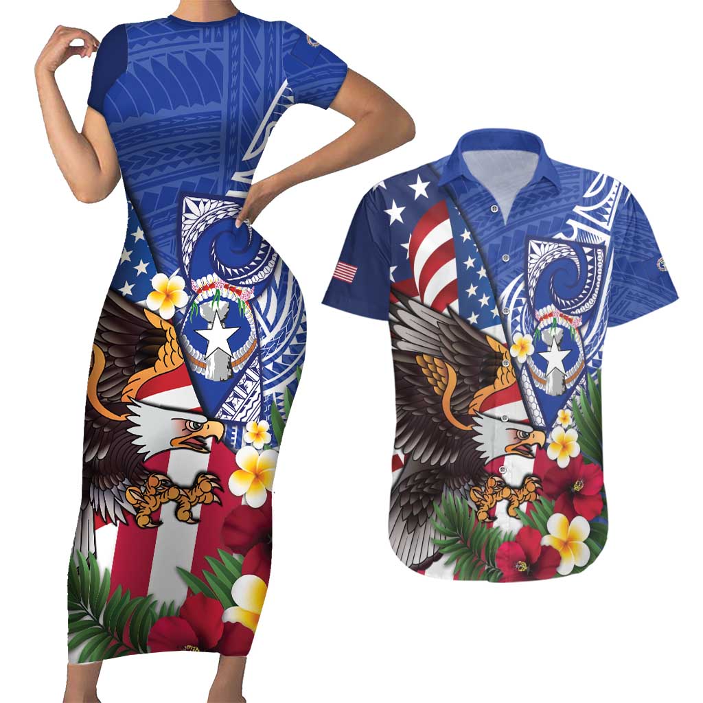 United States and Northern Mariana Islands Couples Matching Short Sleeve Bodycon Dress and Hawaiian Shirt USA Flag Eagle CNMI Latte Stone Tropical Flowers