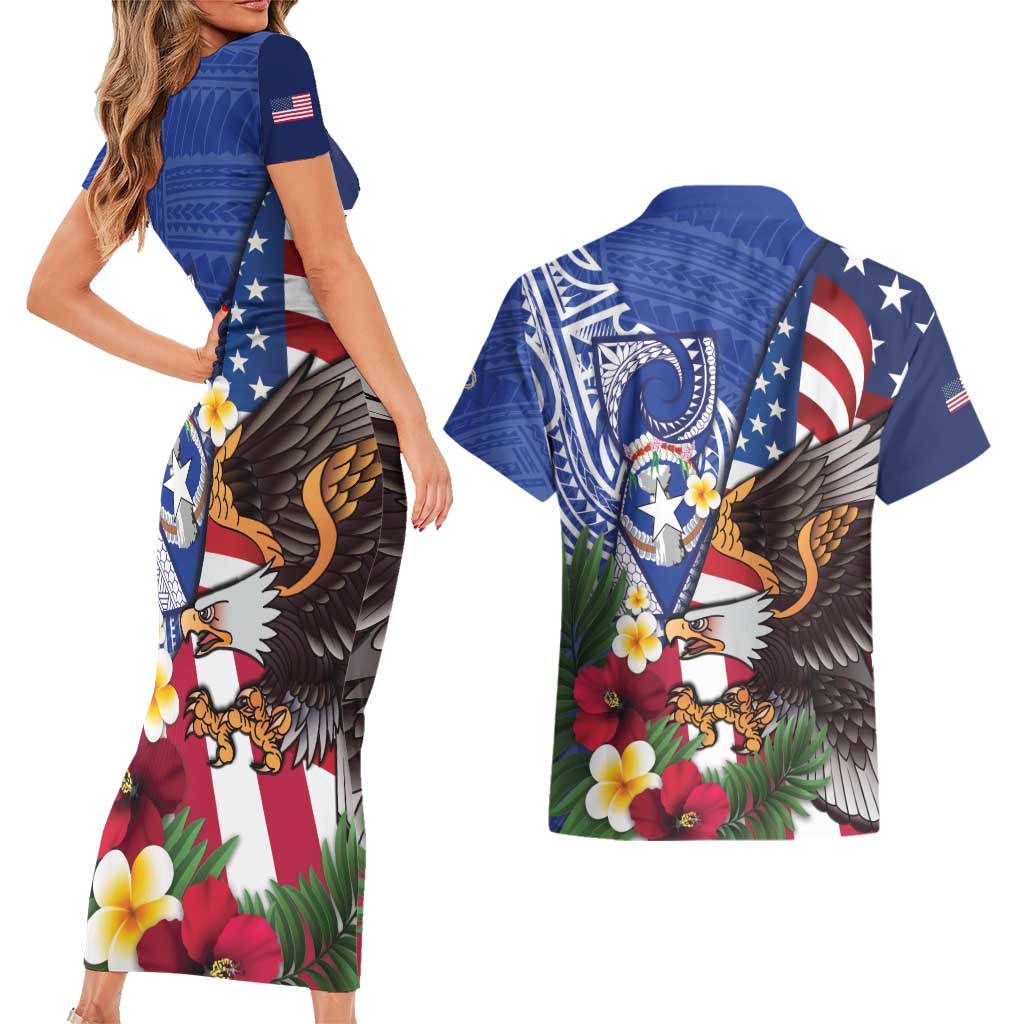 United States and Northern Mariana Islands Couples Matching Short Sleeve Bodycon Dress and Hawaiian Shirt USA Flag Eagle CNMI Latte Stone Tropical Flowers