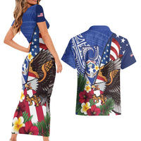 United States and Northern Mariana Islands Couples Matching Short Sleeve Bodycon Dress and Hawaiian Shirt USA Flag Eagle CNMI Latte Stone Tropical Flowers