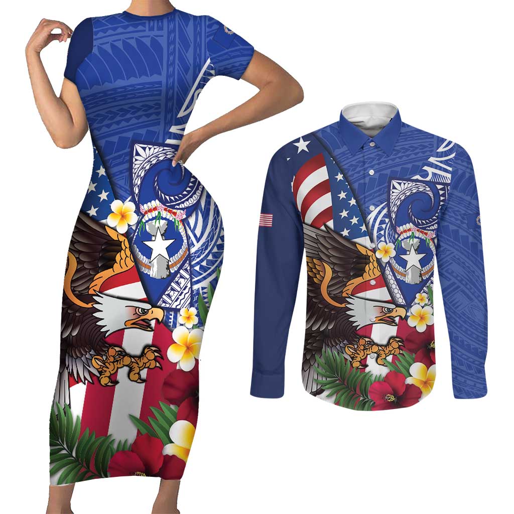 United States and Northern Mariana Islands Couples Matching Short Sleeve Bodycon Dress and Long Sleeve Button Shirt USA Flag Eagle CNMI Latte Stone Tropical Flowers