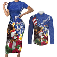 United States and Northern Mariana Islands Couples Matching Short Sleeve Bodycon Dress and Long Sleeve Button Shirt USA Flag Eagle CNMI Latte Stone Tropical Flowers