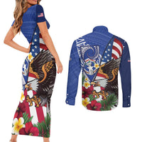 United States and Northern Mariana Islands Couples Matching Short Sleeve Bodycon Dress and Long Sleeve Button Shirt USA Flag Eagle CNMI Latte Stone Tropical Flowers
