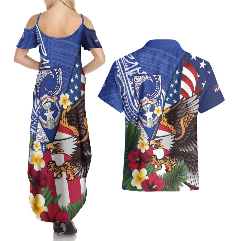 United States and Northern Mariana Islands Couples Matching Summer Maxi Dress and Hawaiian Shirt USA Flag Eagle CNMI Latte Stone Tropical Flowers LT14 - Polynesian Pride