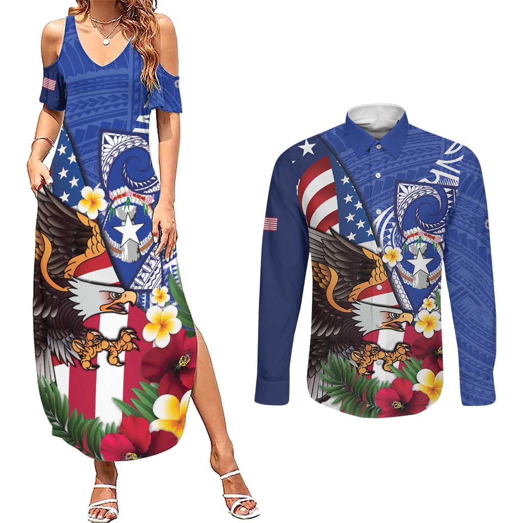 United States and Northern Mariana Islands Couples Matching Summer Maxi Dress and Long Sleeve Button Shirt USA Flag Eagle CNMI Latte Stone Tropical Flowers