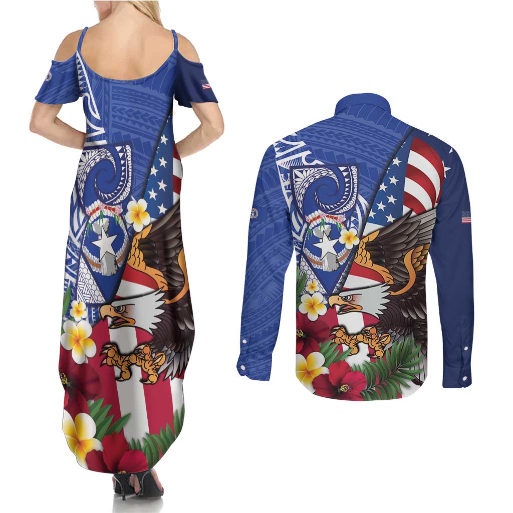 United States and Northern Mariana Islands Couples Matching Summer Maxi Dress and Long Sleeve Button Shirt USA Flag Eagle CNMI Latte Stone Tropical Flowers