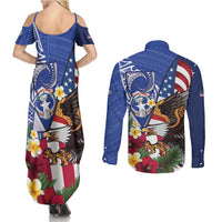 United States and Northern Mariana Islands Couples Matching Summer Maxi Dress and Long Sleeve Button Shirt USA Flag Eagle CNMI Latte Stone Tropical Flowers