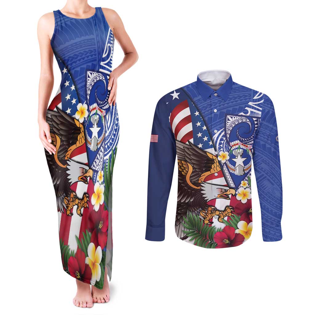 United States and Northern Mariana Islands Couples Matching Tank Maxi Dress and Long Sleeve Button Shirt USA Flag Eagle CNMI Latte Stone Tropical Flowers