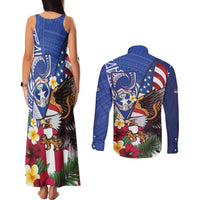 United States and Northern Mariana Islands Couples Matching Tank Maxi Dress and Long Sleeve Button Shirt USA Flag Eagle CNMI Latte Stone Tropical Flowers
