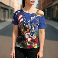 United States and Northern Mariana Islands Cross Shoulder Shirt USA Flag Eagle CNMI Latte Stone Tropical Flowers LT14 - Polynesian Pride